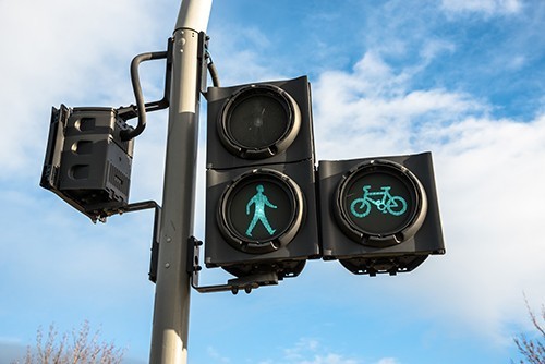 Traffic lights for pedestrians and cyclists and blue sky